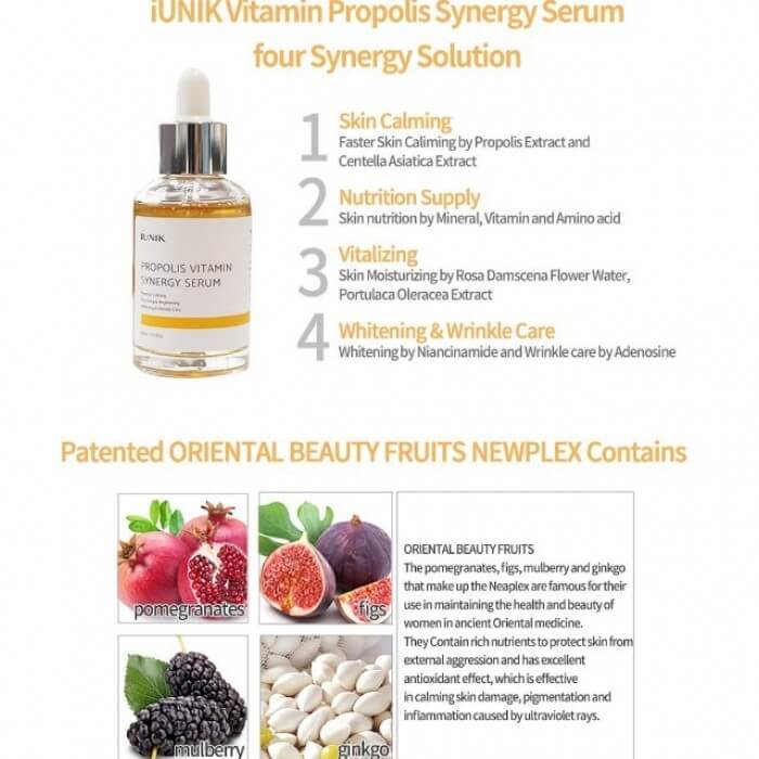 IUNIK Propolis Vitamin Synergy Serum  ประกอบไปด้วย  1. สารสกัดจากรังผึ้ง 70%  รักษาสิว ยับยั้งการ เกิดสิวให้ผิวนุ่มชุ่มชื้น  2. สารสกัดจากผล Hippophae Rhamnoides 5%    ลดอาการระคายเคือง 3. Hyarulonic Acid 45%   เติมเต็มผิวให้อิ่มน้ำ เต่งตึง รักษาการอักเสบของผิว  4.สารสกัดจากผลไม้นานาชนิด  ให้ผิวขาวกระจ่างใส